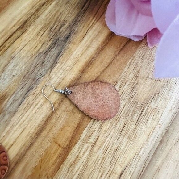 BOHO Hand Crafted Style Hand Tooled Teardrop Leather Earrings - Picture 3 of 5